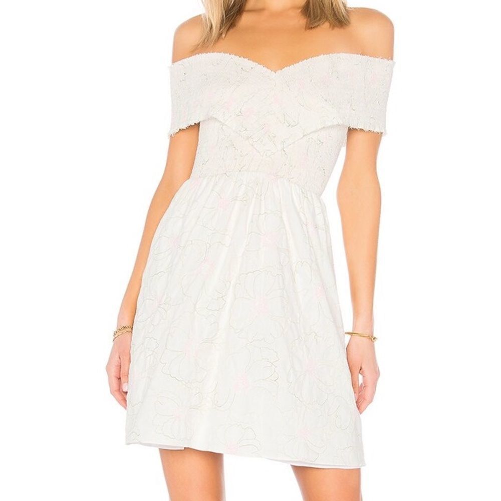 ENDLESS Rose by Revolve off the shoulder white embroidered smocked mini dress